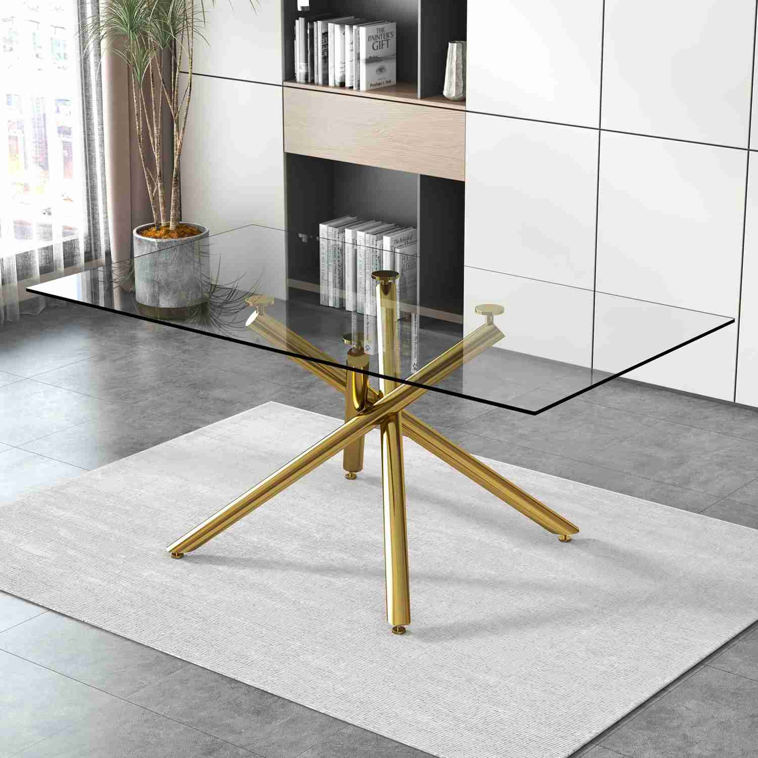 Large Modern Minimalist Rectangular Glass Dining Table for 6-8 with Tempered Glass Tabletop and Silver Chrome Metal Legs