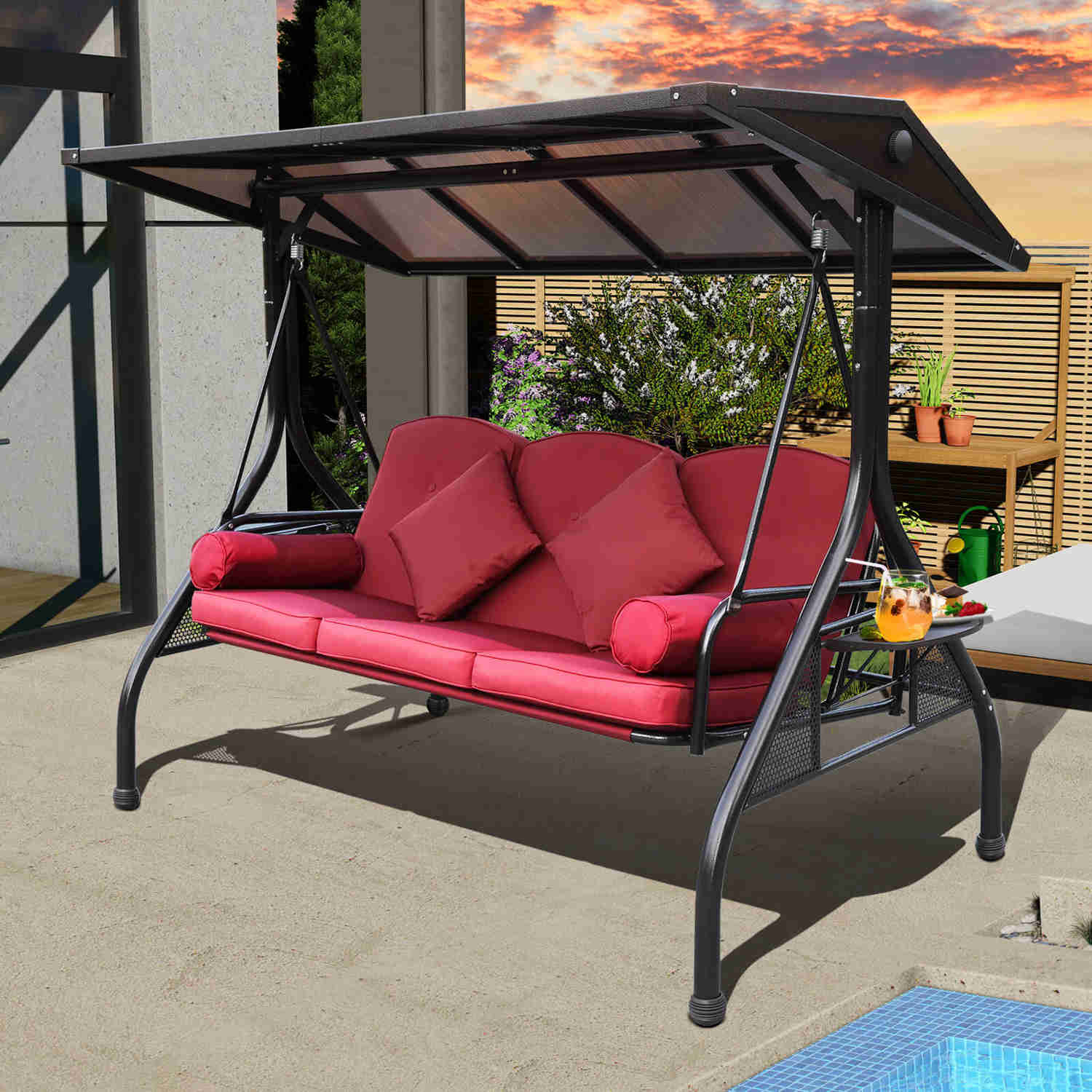 Outdoor Porch Swing with Adjustable Canopy, 3 Cushions, 2 Cup Holders & 4 Pillows - Wine Red