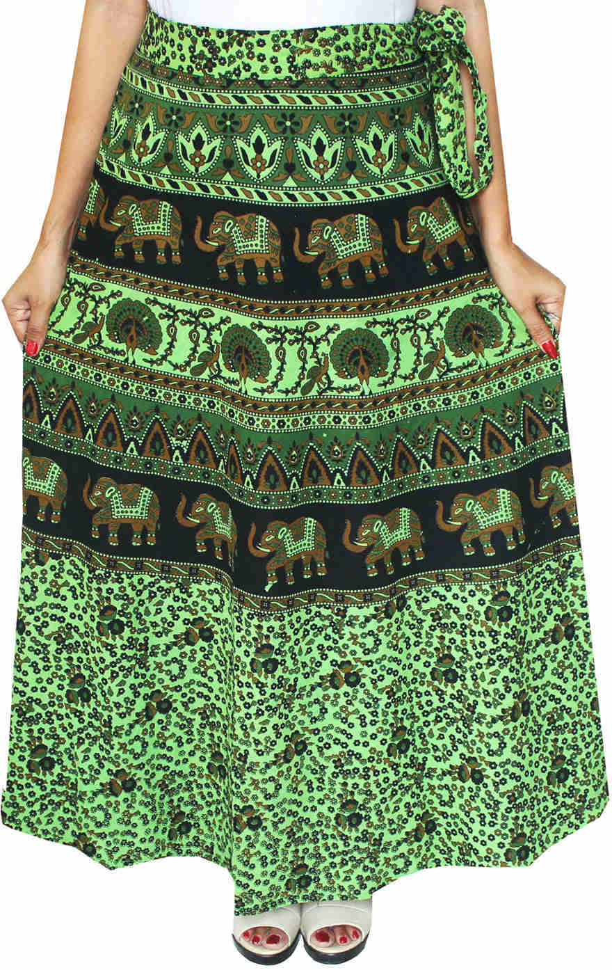 Cotton Wrap Around Long Skirt for Women - Hand Block Printed Indian Skirt (Green)