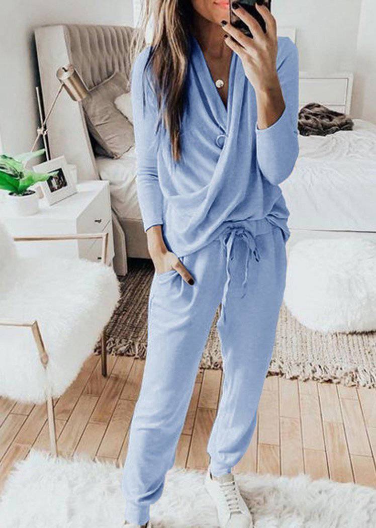 Chicvane Fashion Women Wrap Long Sleeve V-Neck Elastic Drawstring Waisted Long Pant Set Suits