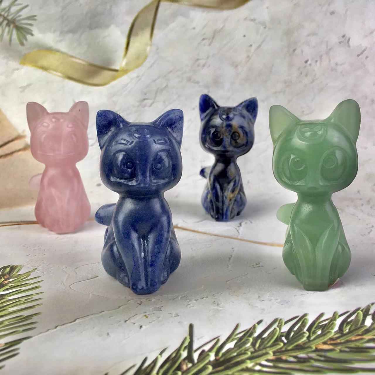 Natural Rose Quartz Sodalite Green Aventurine Beauty Girl Soldier Sailor Moon Artemis Crystal Carving Luna Cat