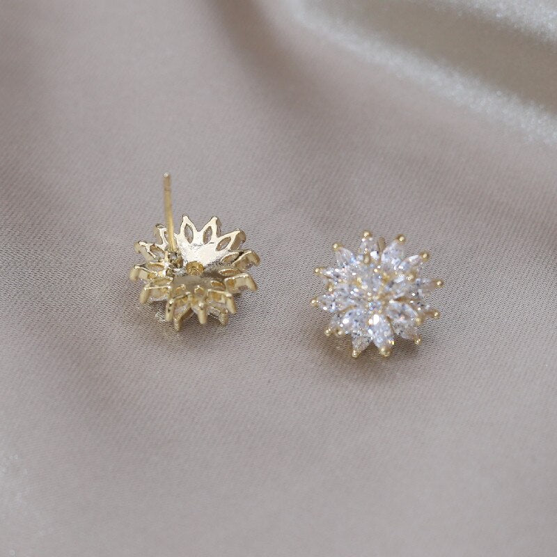 Korean 14K Gold Plated Double Layer Flower Zircon Earrings - Simple & Elegant Women's Daily Work Accessories