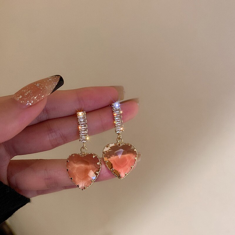 Korea Design Sparkling Crystal Heart Pendant Earrings for Women