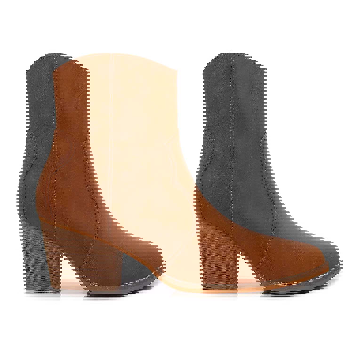 Women PU Leather Stacked Block Heel Western Cowboy Ankle Zip Up Boots