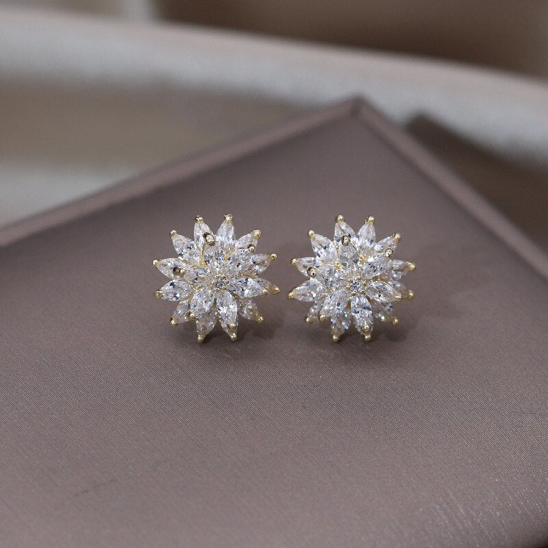Korean 14K Gold Plated Double Layer Flower Zircon Earrings - Simple & Elegant Women's Daily Work Accessories