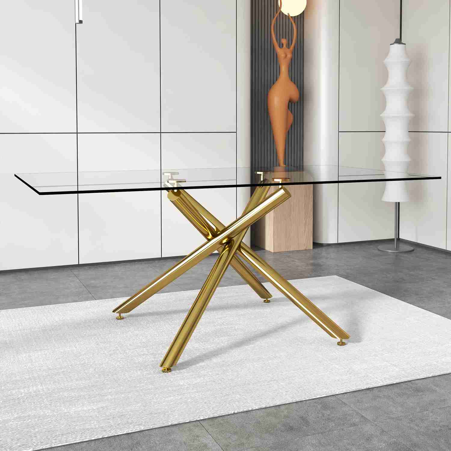 Large Modern Minimalist Rectangular Glass Dining Table for 6-8 with Tempered Glass Tabletop and Silver Chrome Metal Legs