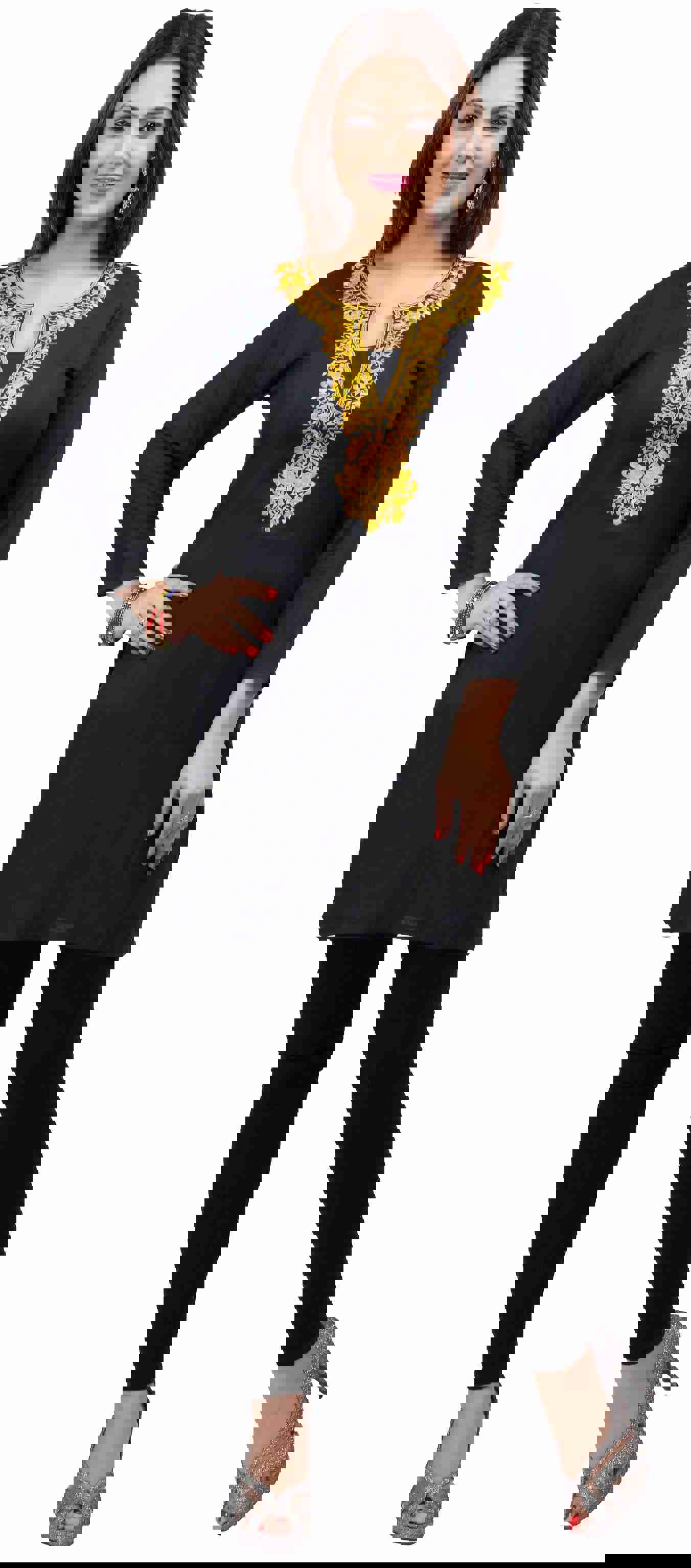 India Women's Embroidered Kurti Top - Black/Yellow