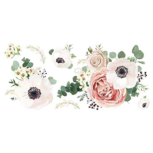 RoomMates Fresh Floral Peel And Stick Giant Wall Decals - White, Pink, Green, 1 Sheet (36.5" x 17.25")