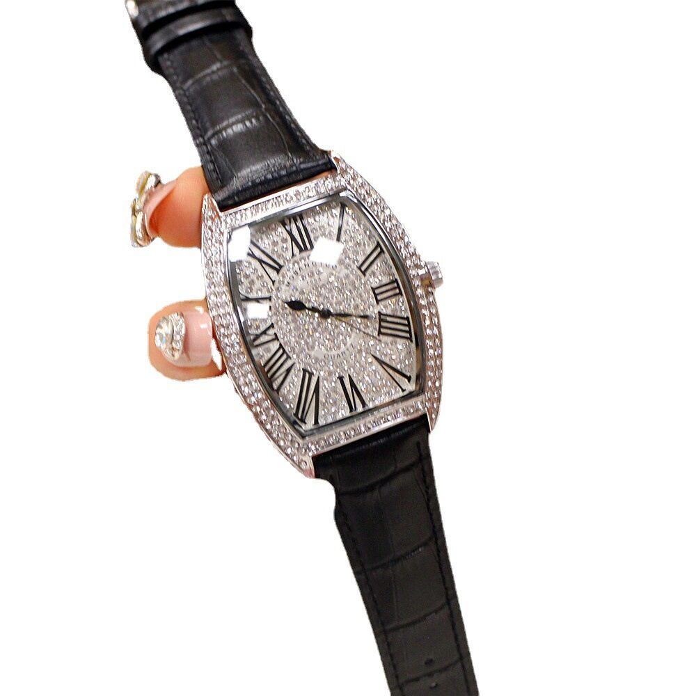 Fashion Trend Net Red New Style Wine Barrel Type Genuine Large Full Diamond Men's Watch Real Belt Diamond Women's Watch Waterproof Wrist Watches