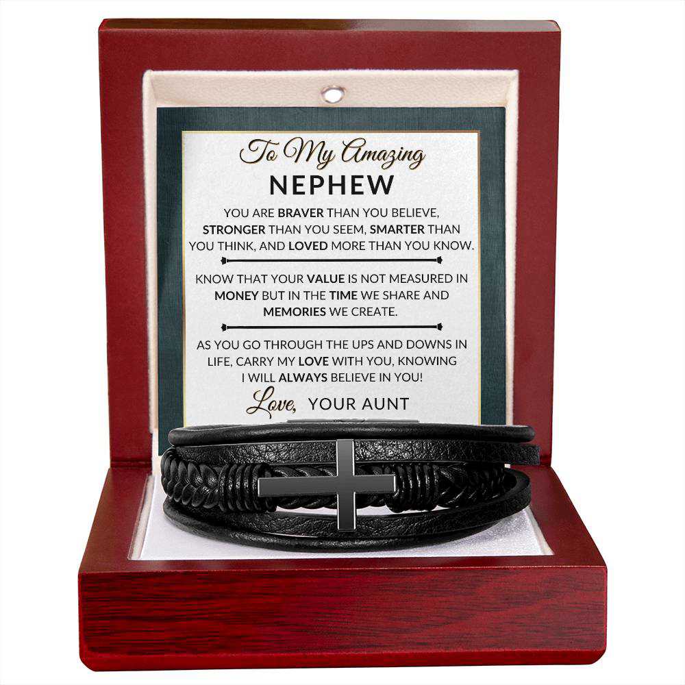 Mens Braided Leather Bracelet with Cross - Gift for Nephew from Aunt