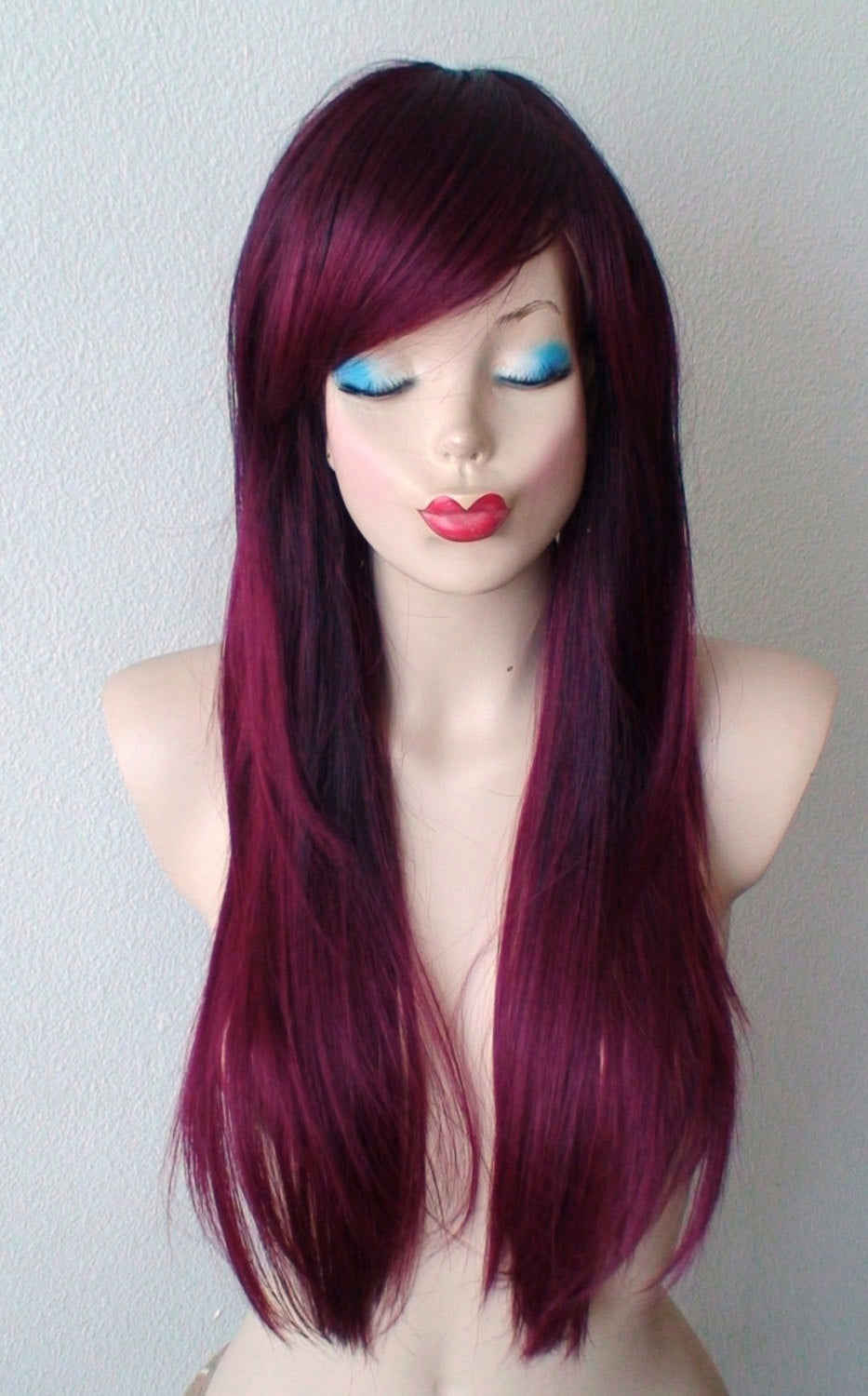 26 Wine Red Ombre Long Straight Hair with Bangs Wig
