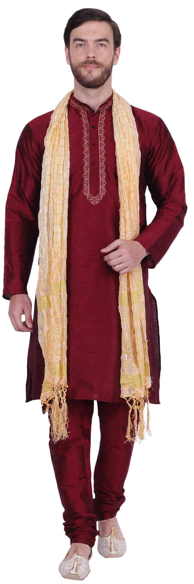 Men's Dupion Silk Kurta Pajama with Scarf - Traditional Indian Attire (Maroon)
