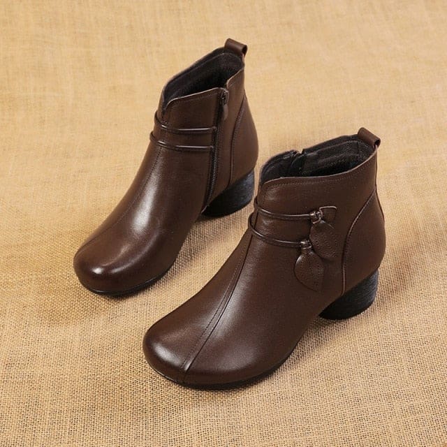 Genuine Leather Flowers Zipper Retro Winter Thick Heel Ankle Boots