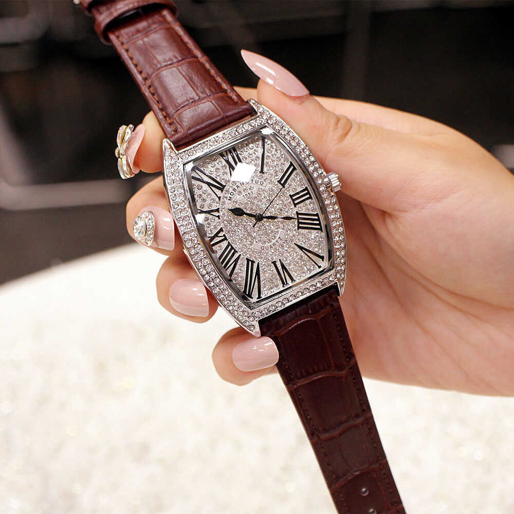 Fashion Trend Net Red New Style Wine Barrel Type Genuine Large Full Diamond Men's Watch Real Belt Diamond Women's Watch Waterproof Wrist Watches