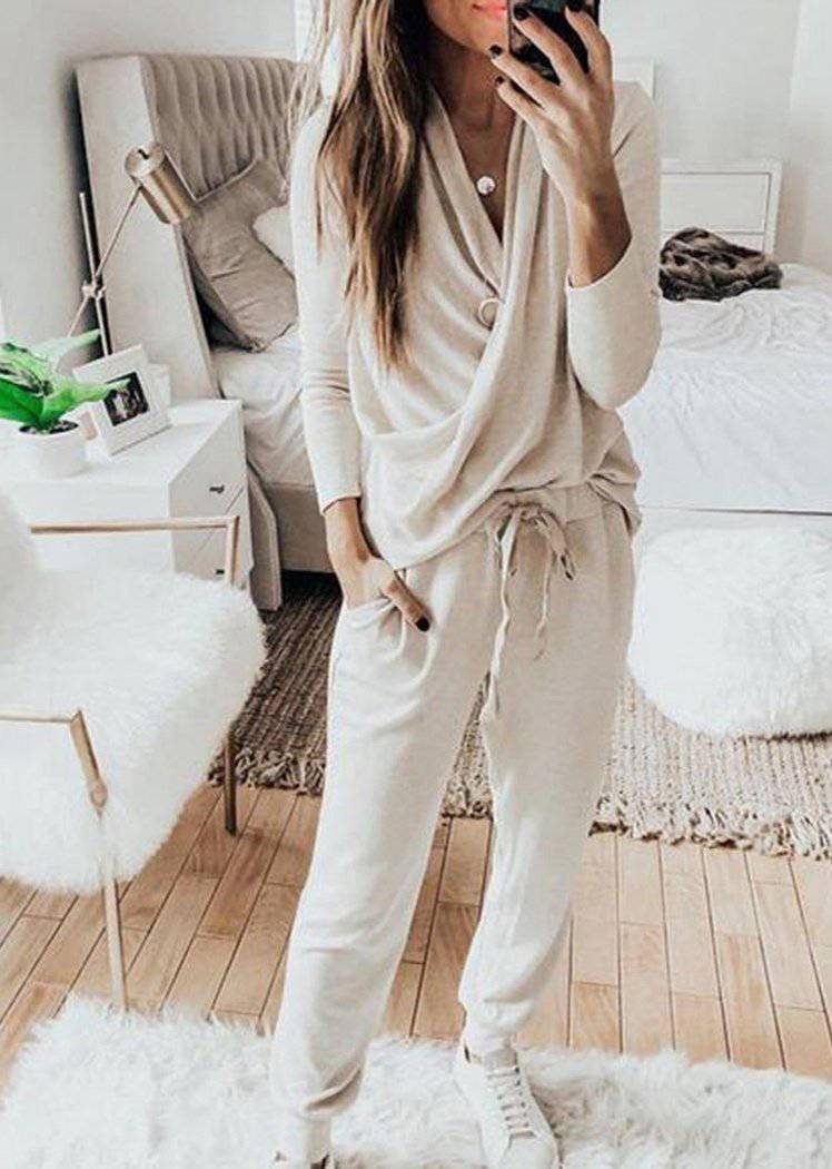 Chicvane Fashion Women Wrap Long Sleeve V-Neck Elastic Drawstring Waisted Long Pant Set Suits