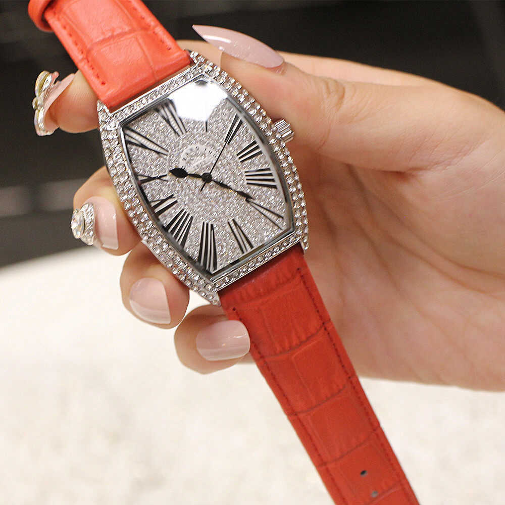 Fashion Trend Net Red New Style Wine Barrel Type Genuine Large Full Diamond Men's Watch Real Belt Diamond Women's Watch Waterproof Wrist Watches
