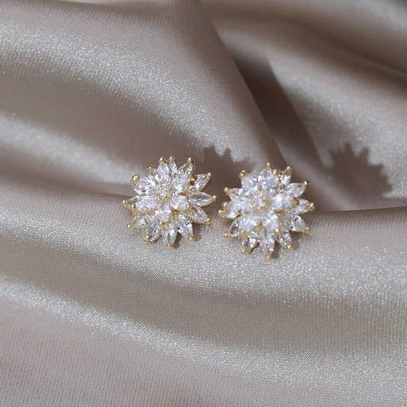 Korean 14K Gold Plated Double Layer Flower Zircon Earrings - Simple & Elegant Women's Daily Work Accessories
