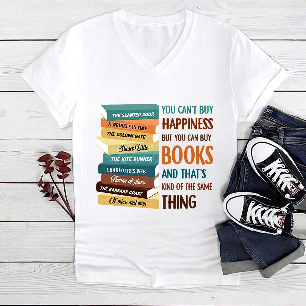 Custom Bookshelf T-Shirt for Book Lovers - 'You Can't Buy Happiness But You Can Buy Books' Design