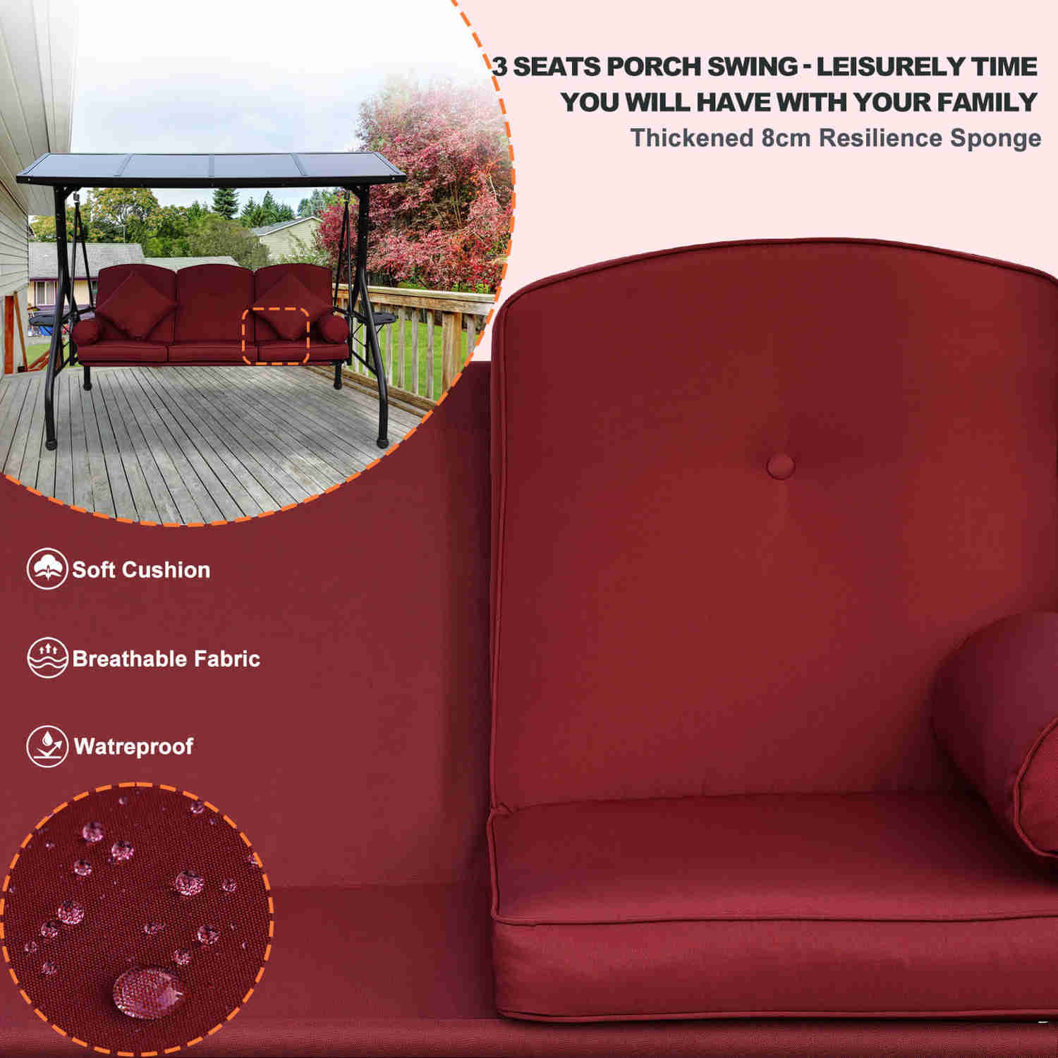 Outdoor Porch Swing with Adjustable Canopy, 3 Cushions, 2 Cup Holders & 4 Pillows - Wine Red