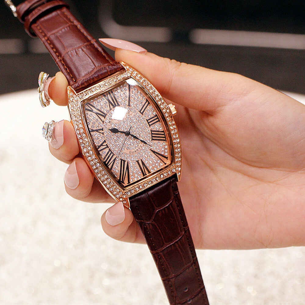 Fashion Trend Net Red New Style Wine Barrel Type Genuine Large Full Diamond Men's Watch Real Belt Diamond Women's Watch Waterproof Wrist Watches