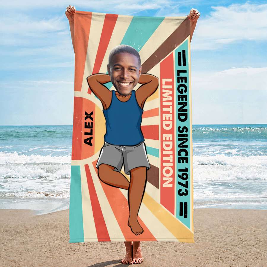 Personalized Beach Towel - 50th Birthday Gift for Him, Custom Name, Super Soft Microfiber