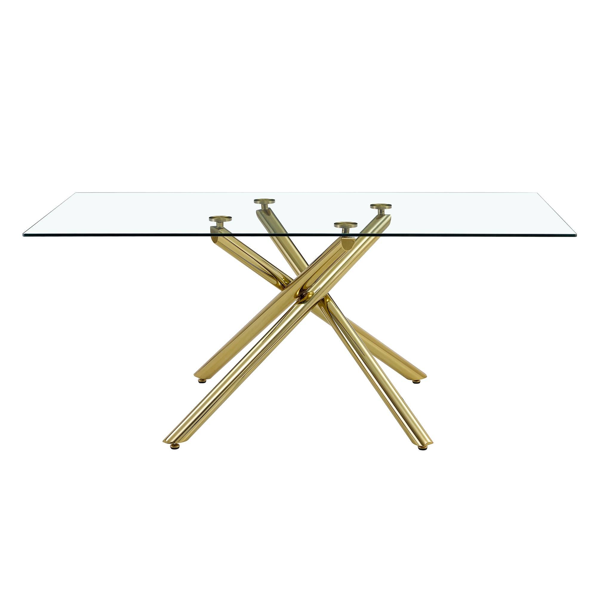 Large Modern Minimalist Rectangular Glass Dining Table for 6-8 with Tempered Glass Tabletop and Silver Chrome Metal Legs