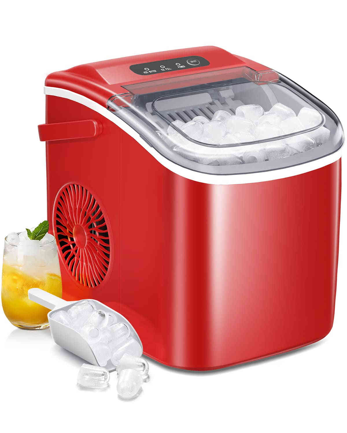 Portable Ice Maker Machine with Handle, 26Lbs/24H, 9 Ice Cubes in 8 Mins, Self-Cleaning, for Home/Office/Kitchen (Red)