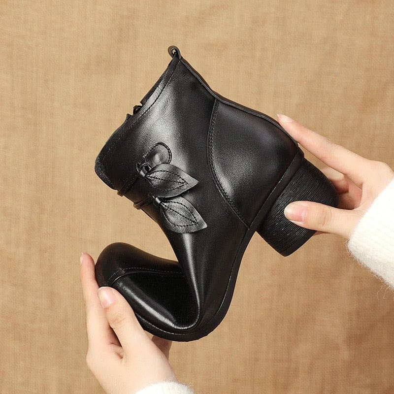 Genuine Leather Flowers Zipper Retro Winter Thick Heel Ankle Boots