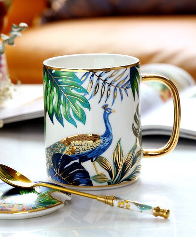 Peacock Porcelain Cups, Large Capacity Jungle Animal Ceramic Mugs with Gift Box