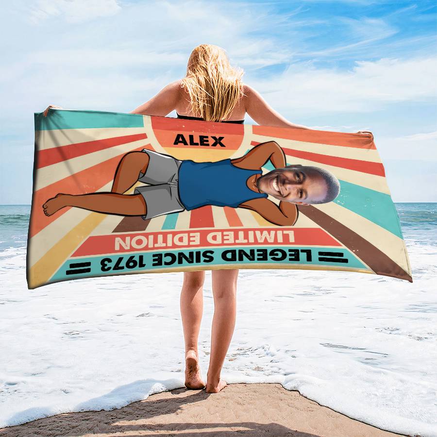 Personalized Beach Towel - 50th Birthday Gift for Him, Custom Name, Super Soft Microfiber
