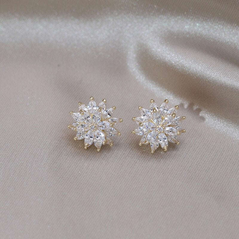 Korean 14K Gold Plated Double Layer Flower Zircon Earrings - Simple & Elegant Women's Daily Work Accessories