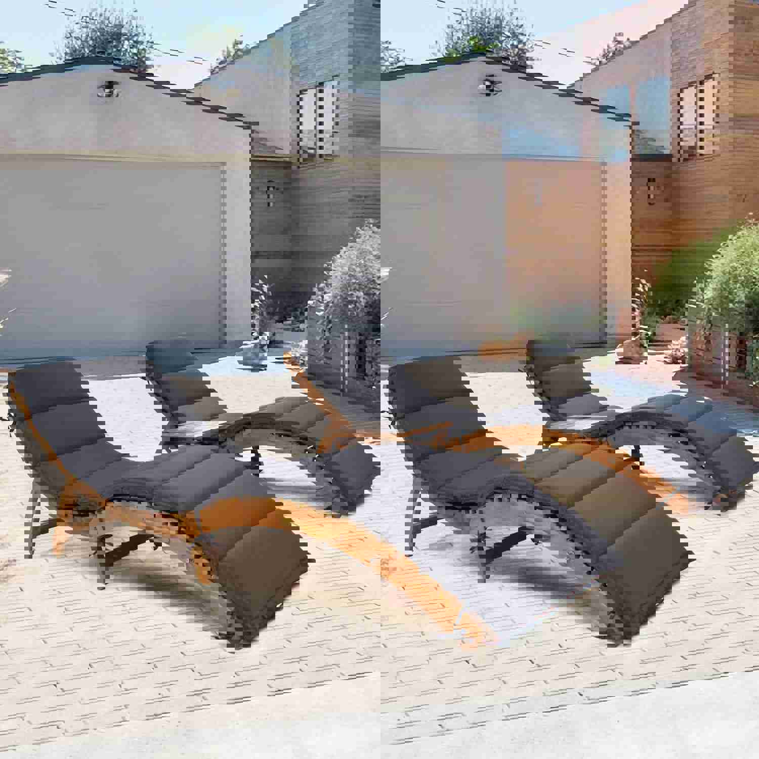 TOPMAX Outdoor Patio Wood Portable Extended Chaise Lounge Set with Foldable Tea Table