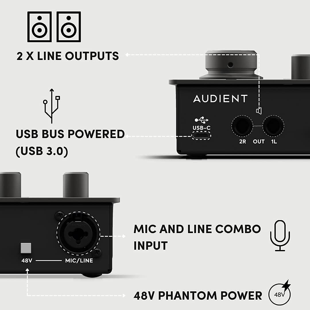 Audient iD4 MKII USB-C Audio Interface with Over-Ear Stereo Headphones and XLR Mic Cable