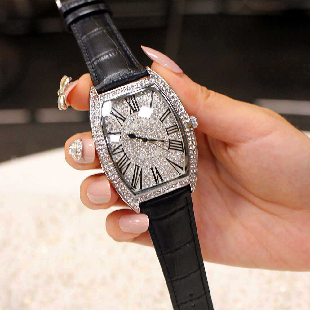 Fashion Trend Net Red New Style Wine Barrel Type Genuine Large Full Diamond Men's Watch Real Belt Diamond Women's Watch Waterproof Wrist Watches