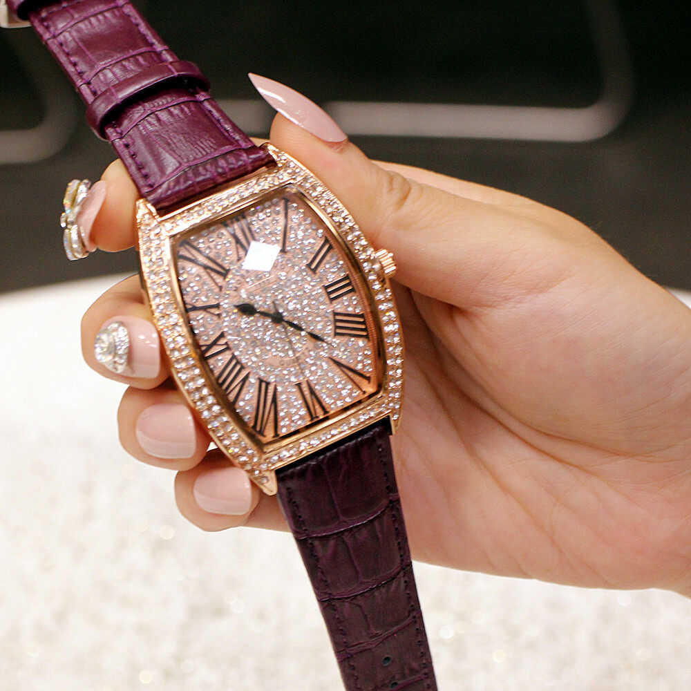 Fashion Trend Net Red New Style Wine Barrel Type Genuine Large Full Diamond Men's Watch Real Belt Diamond Women's Watch Waterproof Wrist Watches