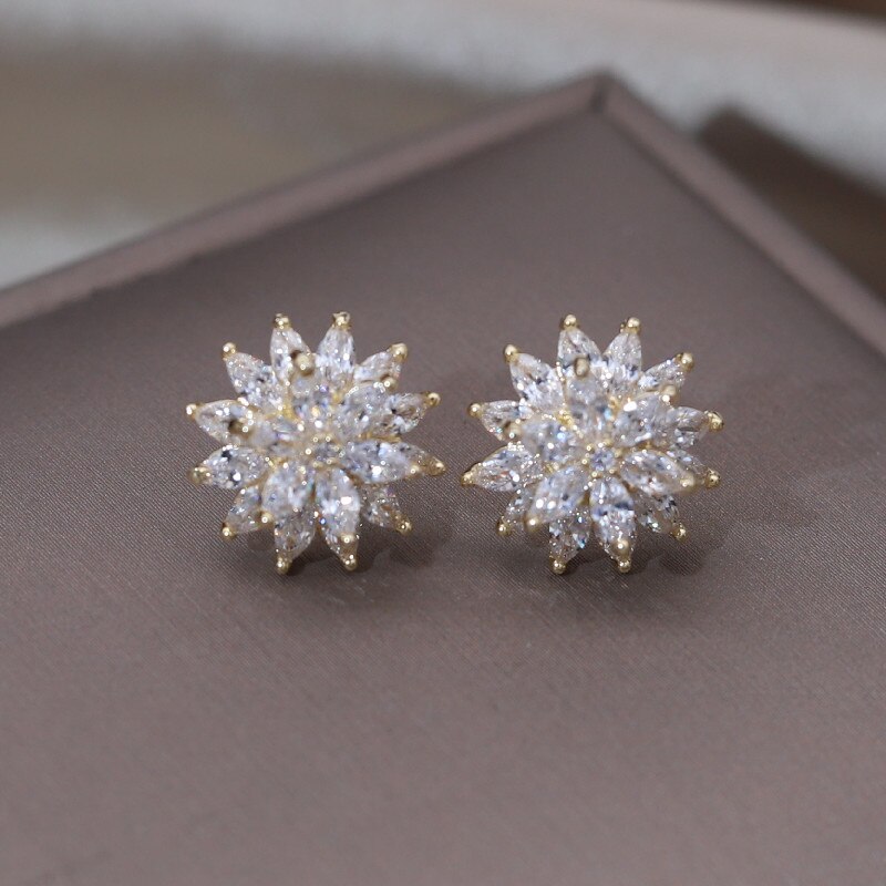 Korean 14K Gold Plated Double Layer Flower Zircon Earrings - Simple & Elegant Women's Daily Work Accessories