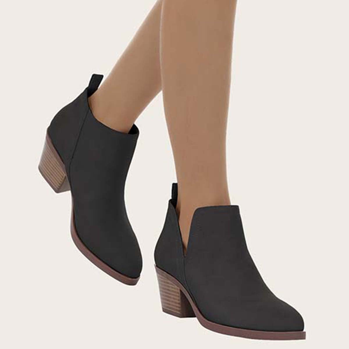 Cutout Ankle Boots Slip on Chunky Heel Western Booties