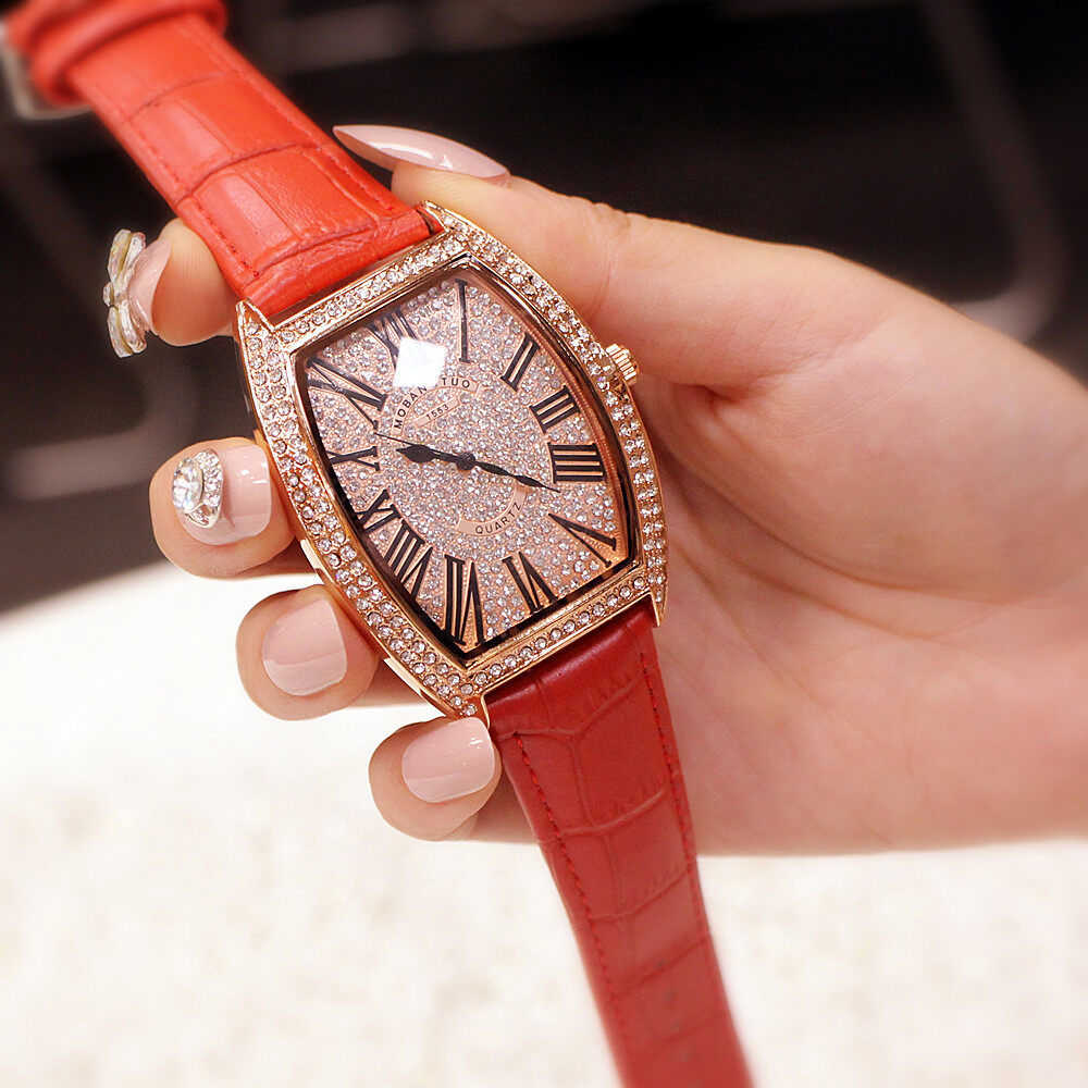 Fashion Trend Net Red New Style Wine Barrel Type Genuine Large Full Diamond Men's Watch Real Belt Diamond Women's Watch Waterproof Wrist Watches
