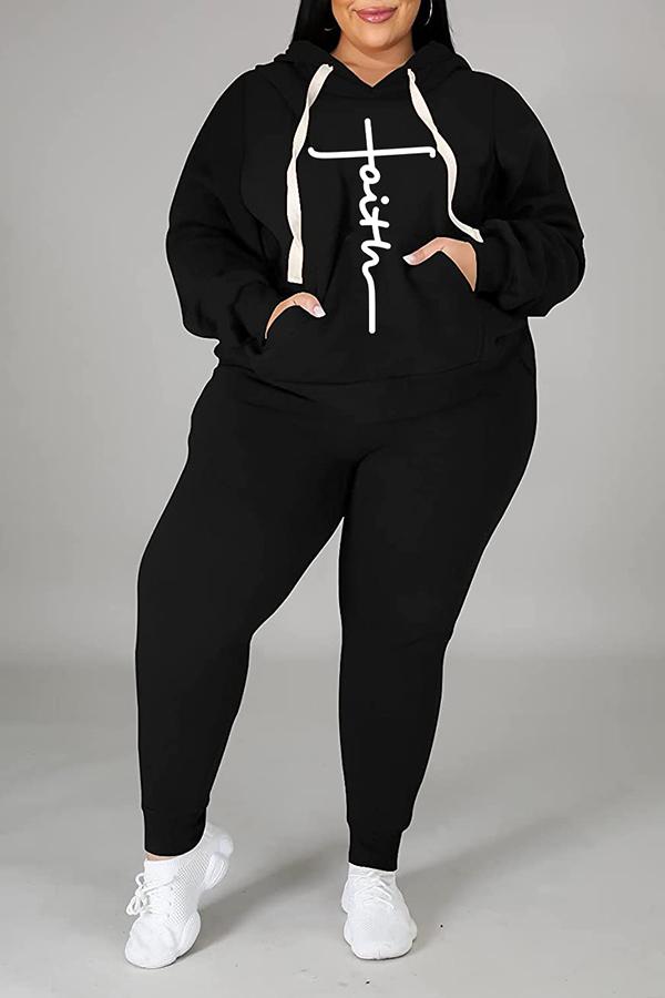 Faith Printed Fashion Casual Sports Hoodie Set Plus Size