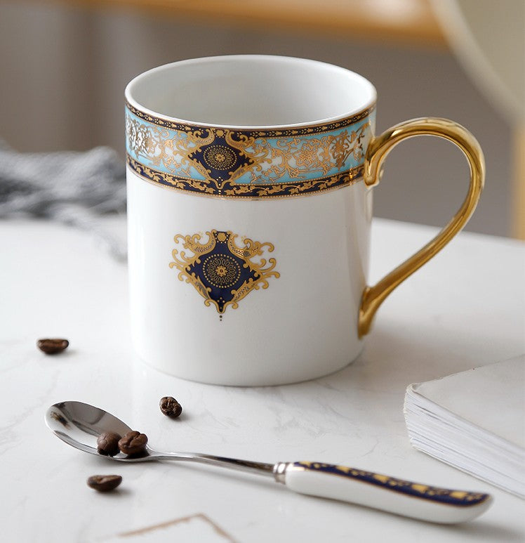Elegant Ceramic Coffee Mug Set with Spoon, Large Royal Bone China Porcelain Cup for Office or Home