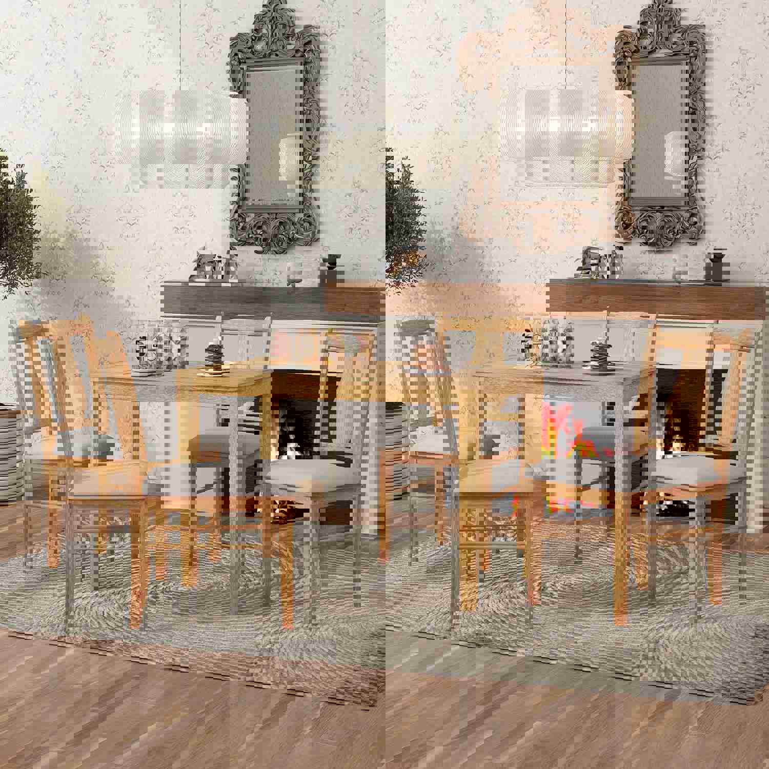 TREXM 5-Piece Kitchen Dining Table Set with Wooden Table and 4 Upholstered Chairs (Drift Wood)