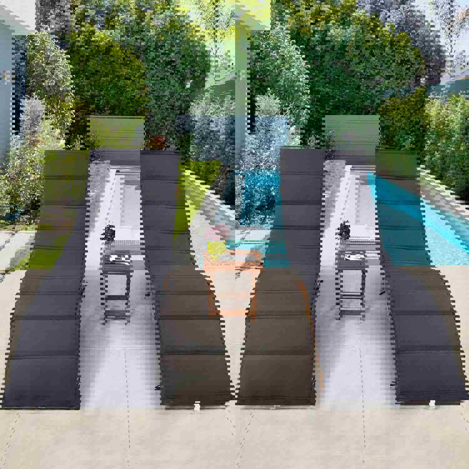 TOPMAX Outdoor Patio Wood Portable Extended Chaise Lounge Set with Foldable Tea Table