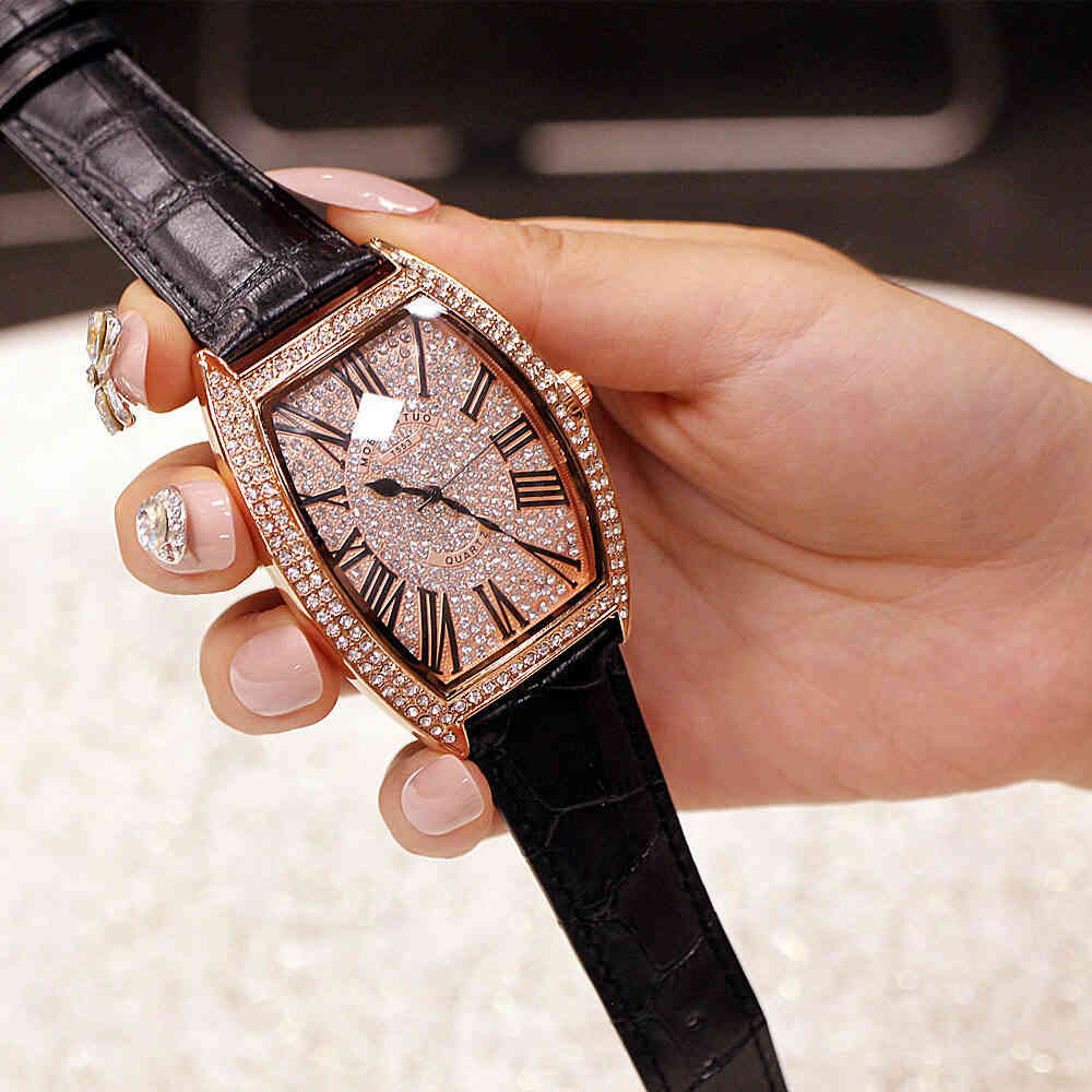 Fashion Trend Net Red New Style Wine Barrel Type Genuine Large Full Diamond Men's Watch Real Belt Diamond Women's Watch Waterproof Wrist Watches