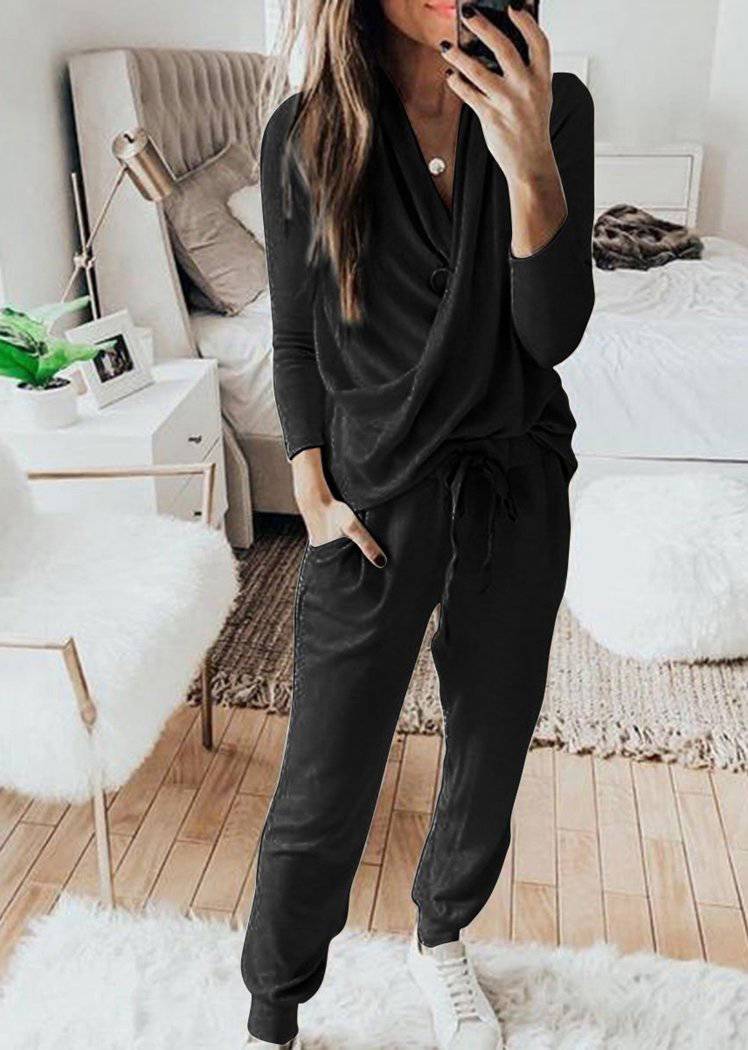 Chicvane Fashion Women Wrap Long Sleeve V-Neck Elastic Drawstring Waisted Long Pant Set Suits