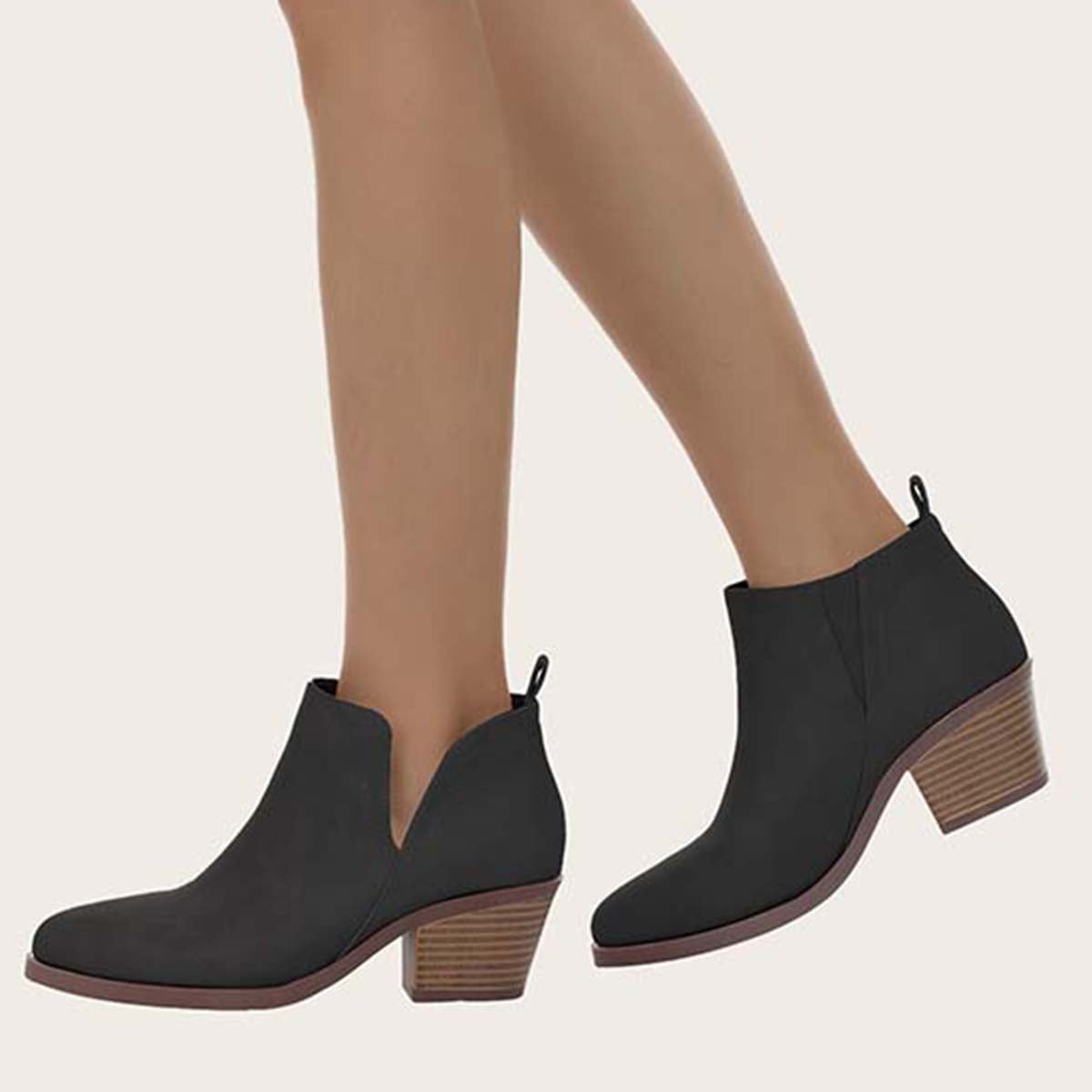 Cutout Ankle Boots Slip on Chunky Heel Western Booties