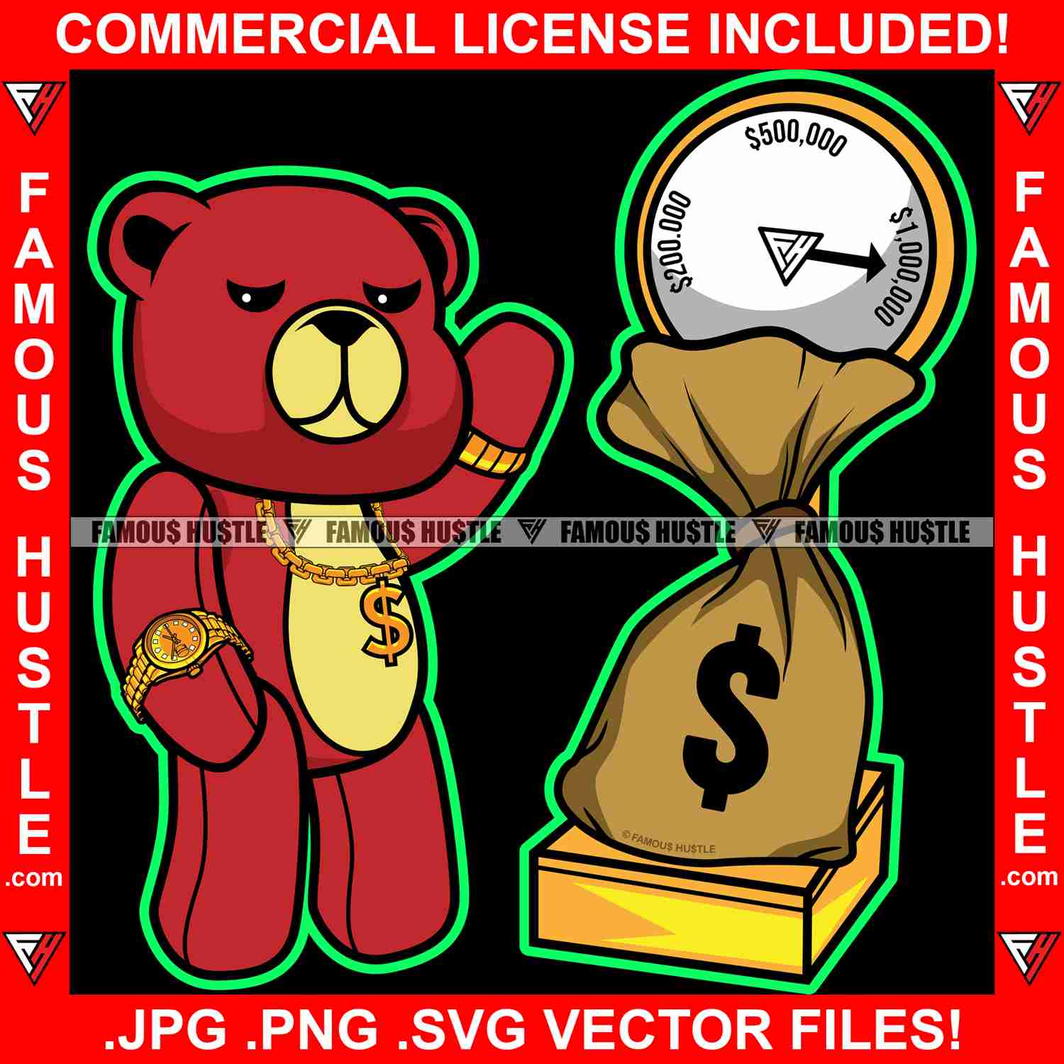 Hip Hop Gangster Teddy Bear Dollar Sign Necklace Graphic Design SVG PNG JPG Files