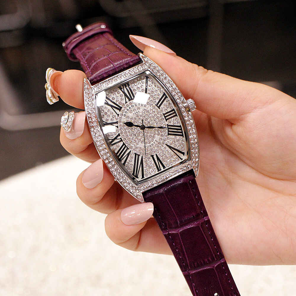 Fashion Trend Net Red New Style Wine Barrel Type Genuine Large Full Diamond Men's Watch Real Belt Diamond Women's Watch Waterproof Wrist Watches