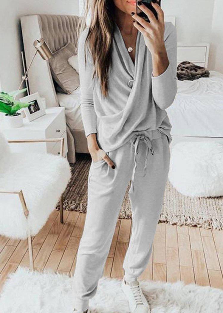 Chicvane Fashion Women Wrap Long Sleeve V-Neck Elastic Drawstring Waisted Long Pant Set Suits