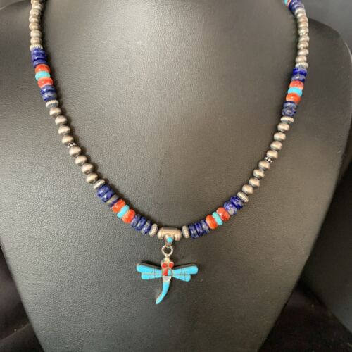 Dragonfly Sterling Silver Turquoise Coral Inlay Multi-Color Pendant