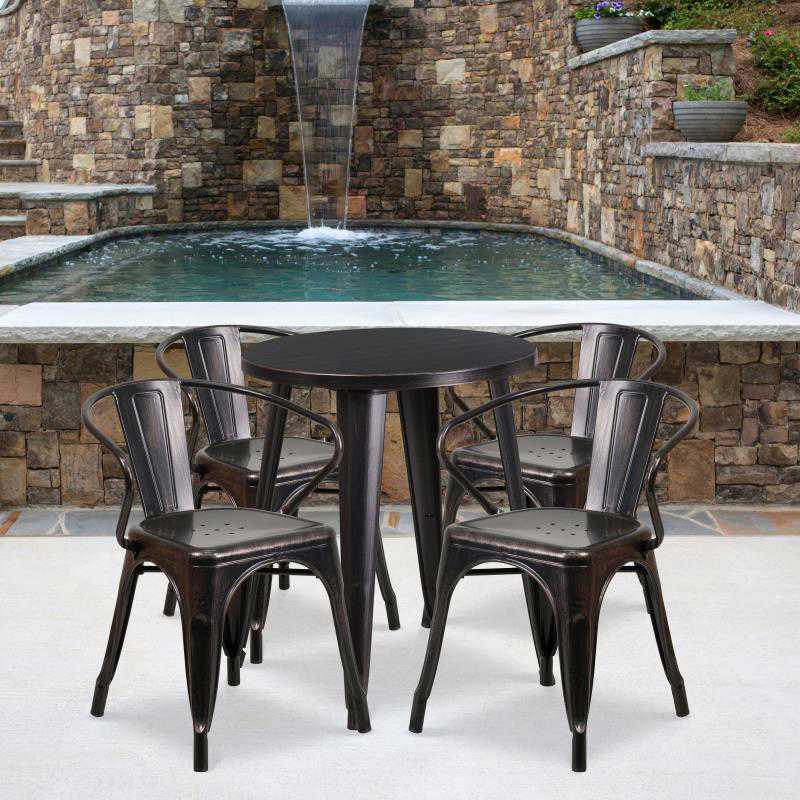 CH-51080TH-4-18ARM Flash Furniture Chauncey Commercial Grade 24 Round Black-Antique Gold Metal Indoor-Outdoor Table Set
